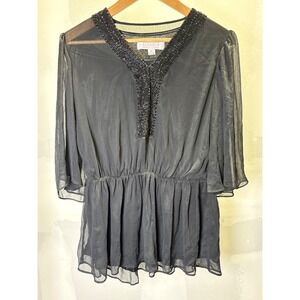 American Glamour Badgley Mischka Black Beaded V-Neck Peplum Blouse M